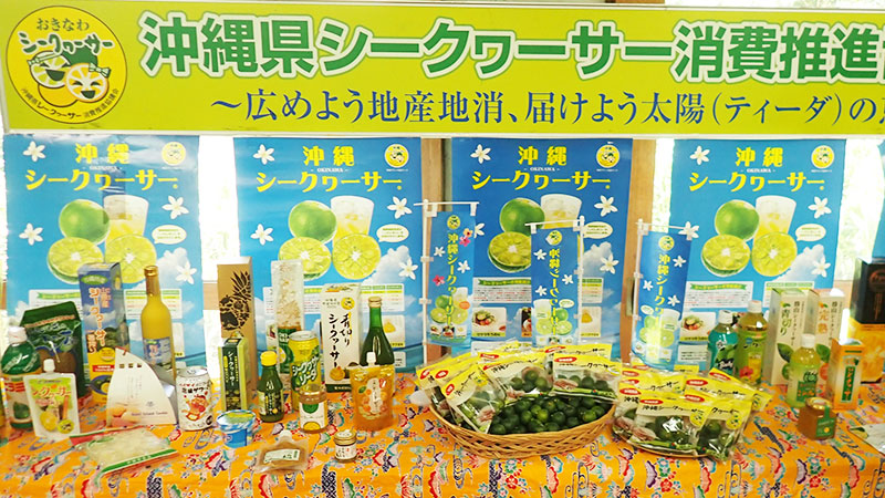 会場に並べられた各メーカー自慢のシークヮーサー商品や100%果汁、関連菓子などの豪華な展示ブース